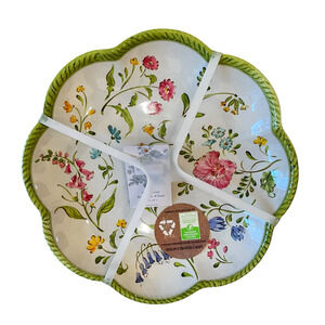 NEW Shabby Chic Floral Melamine Salad Plates 9in Set of 4 Scalloped Green Border